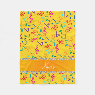 Personalized name yellow rainbow music notes fleece blanket