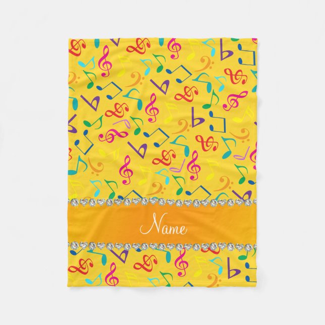 Personalized name yellow rainbow music notes fleece blanket (Front)