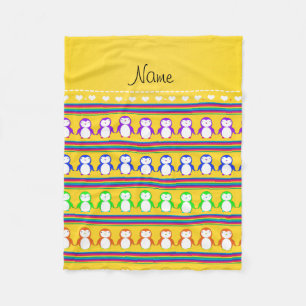Personalized name yellow rainbow stripes penguins fleece blanket