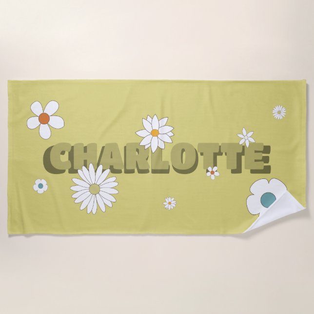 Personalized Name Yellow Retro Style Flowers Beach Towel (Front)
