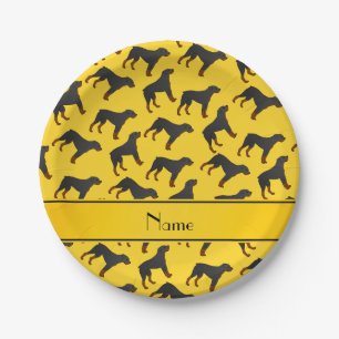 Personalized name yellow rottweiler dog pattern paper plates