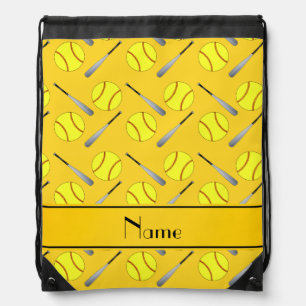 Personalized name yellow softball pattern drawstring bag
