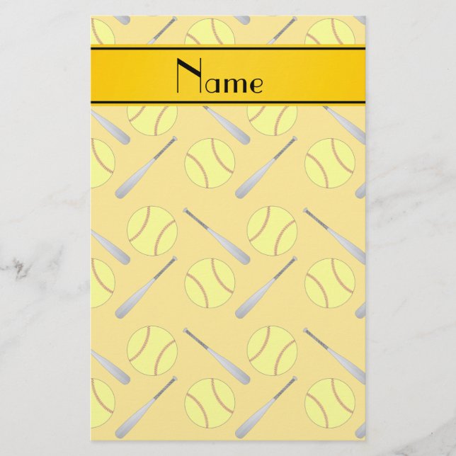 Personalized name yellow softball pattern stationery (Front)