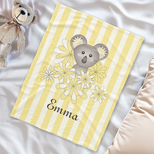 Personalized Name Yellow Stripe Baby Koala Kids Fleece Blanket (Creator Uploaded)