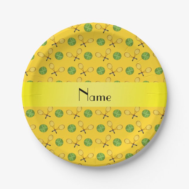 Personalized name yellow tennis balls paper plates (Front)