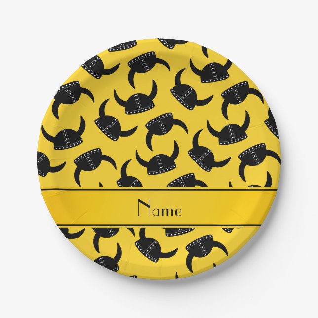 Personalized name yellow viking hat pattern paper plates (Front)