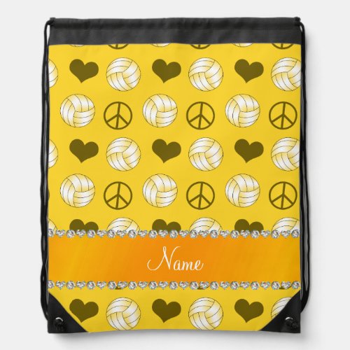 Personalized name yellow volleyballs peace hearts drawstring bag