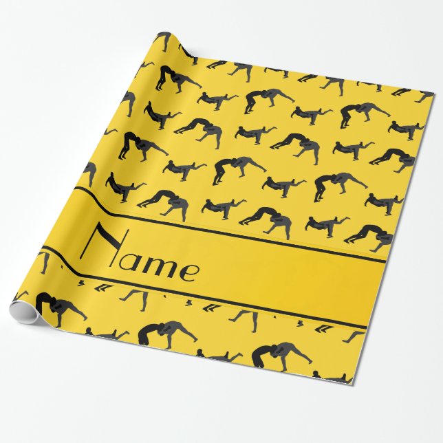 Personalized name yellow wrestling silhouettes wrapping paper (Unrolled)