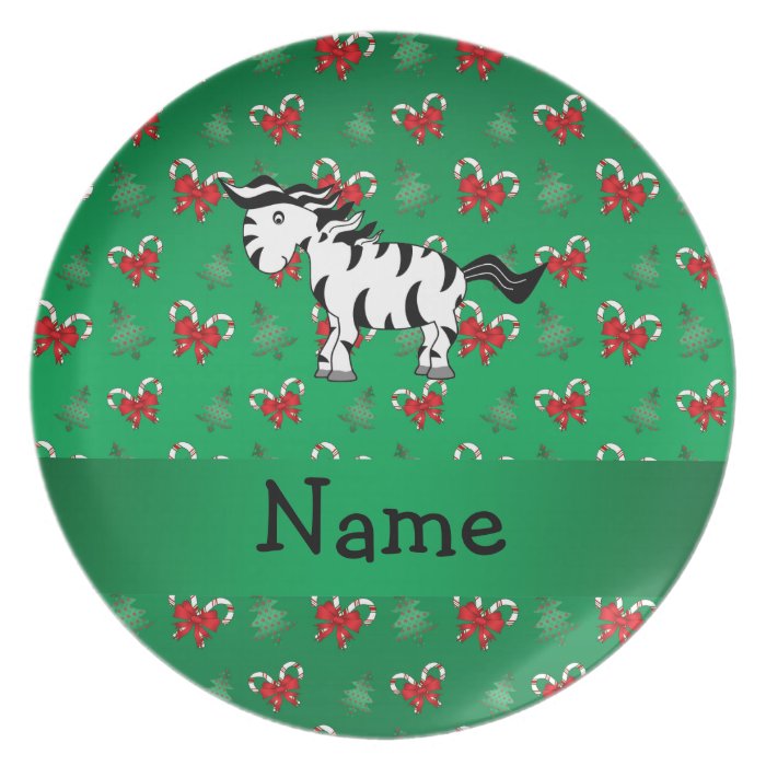 Personalized name zebra green candy canes bows dinner plates