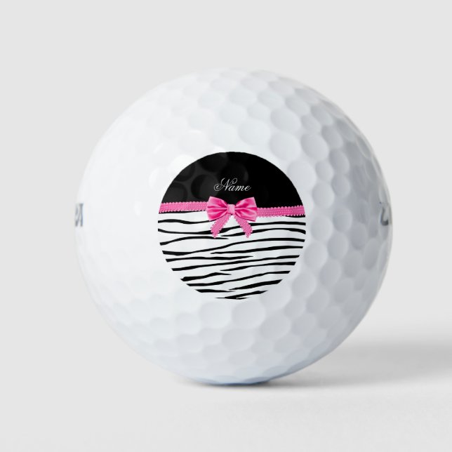 Personalized name zebra striped pink bow golf balls (Front)