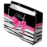 Personalized name zebra striped pink bow large gift bag