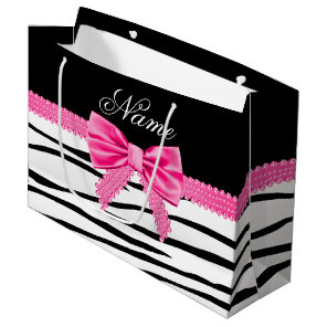 Personalized name zebra striped pink bow large gift bag