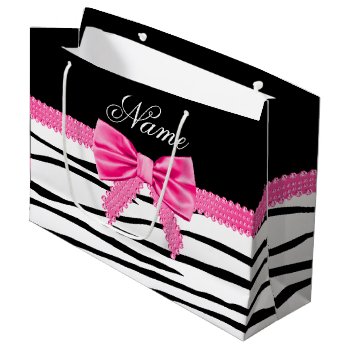 Personalized Name Zebra Striped Pink Bow Large Gift Bag by Brothergravydesigns at Zazzle