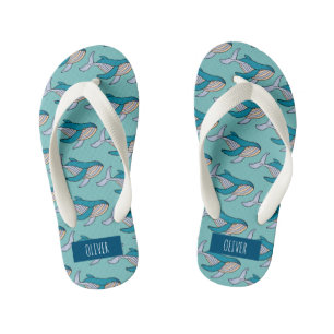 Personalized Named Blue Whale Ocean Pattern Kid's Flip Flops