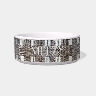 Personalized Named Gray & Off-White Squares Pet Bowl