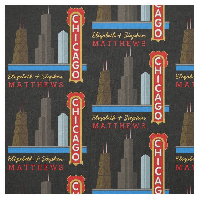 Personalized Names Chicago Illinois Skyline Fabric (Swatch)