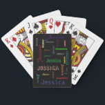 Personalized Names Collage Word Cloud Typography Poker Cards<br><div class="desc">Create your own personalized names word cloud, monogrammed playing cards- Name is repeated over and over in bright, multi colors and different text styles. Change text color, font, size, etc, on any name you want. On black background, which may be changed to any color. Unique, personalized gift for poker players,...</div>