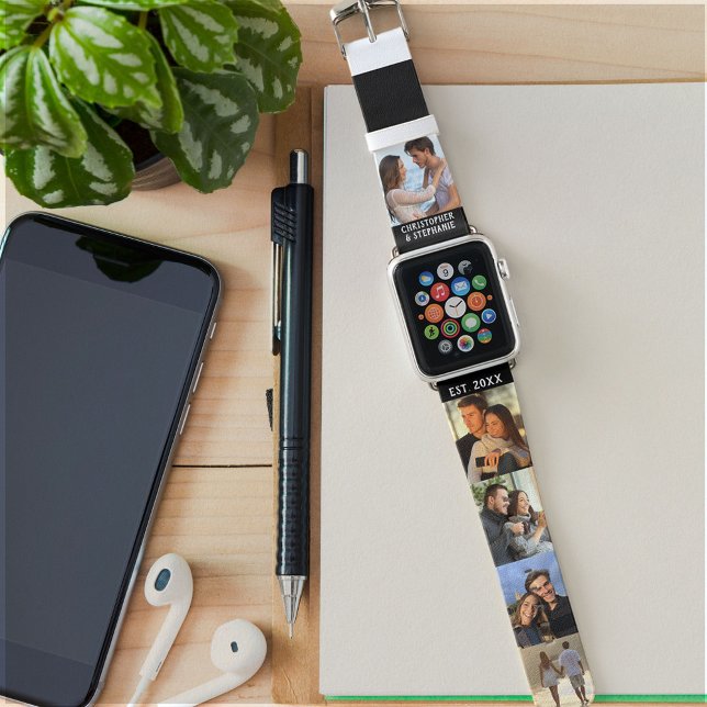 Personalized Names Date Photo Collage Black White Apple Watch Band (Creator Uploaded)