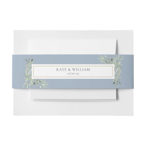 Personalized Names Greenery Dusty Blue Wedding Invitation Belly Band