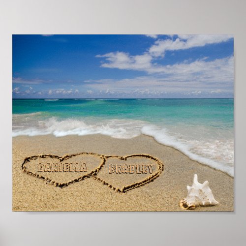 Personalized Names Hearts In Sand Picture Poster