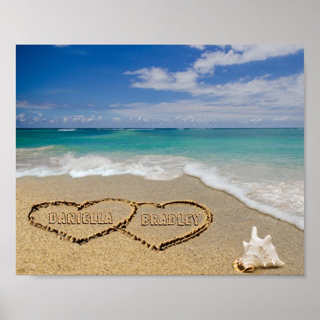 Personalized Names Hearts In Sand Picture Poster (Front)