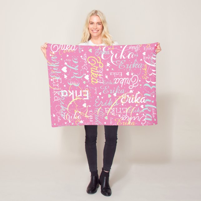 Personalized Names Hearts Romantic all-over PINK Fleece Blanket (In Situ)