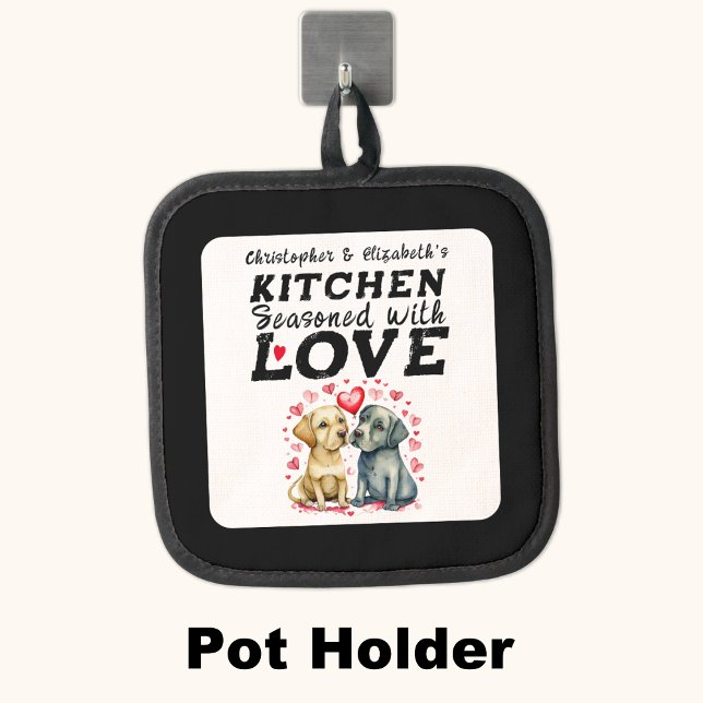 Personalized names kitchen cute dogs black pot holder (Creator Uploaded)