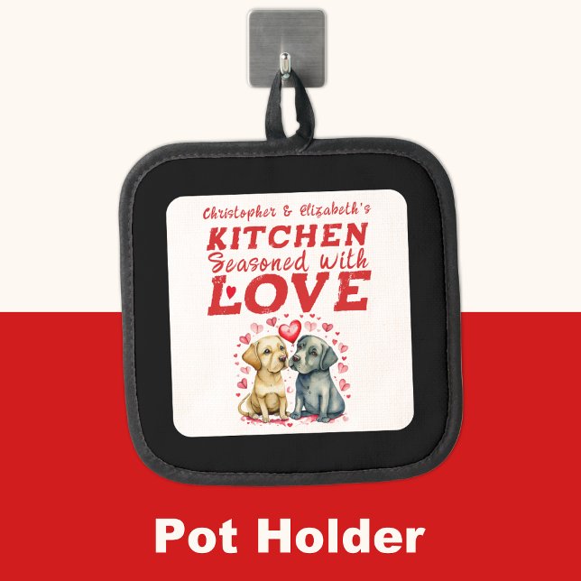 Personalized names kitchen cute dogs red pot holder (Creator Uploaded)