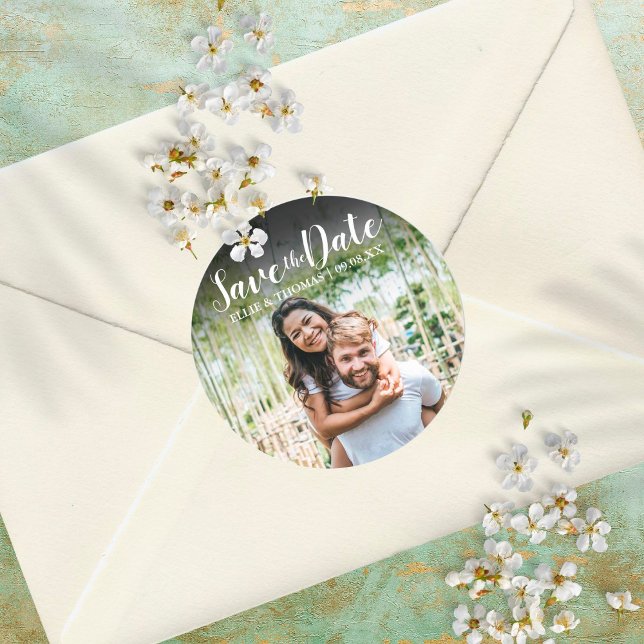 Personalized Names Photo Script Save the Date Classic Round Sticker (Creator Uploaded)