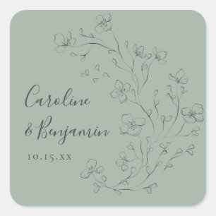 Personalized Names Sage Green Floral Wedding Favor Square Sticker