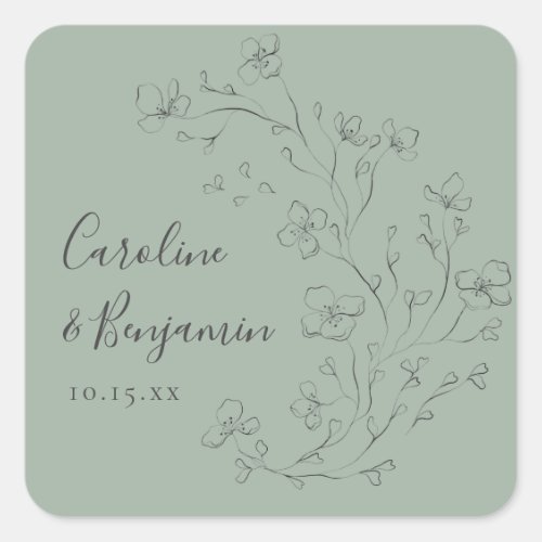 Personalized Names Sage Green Floral Wedding Favor Square Sticker