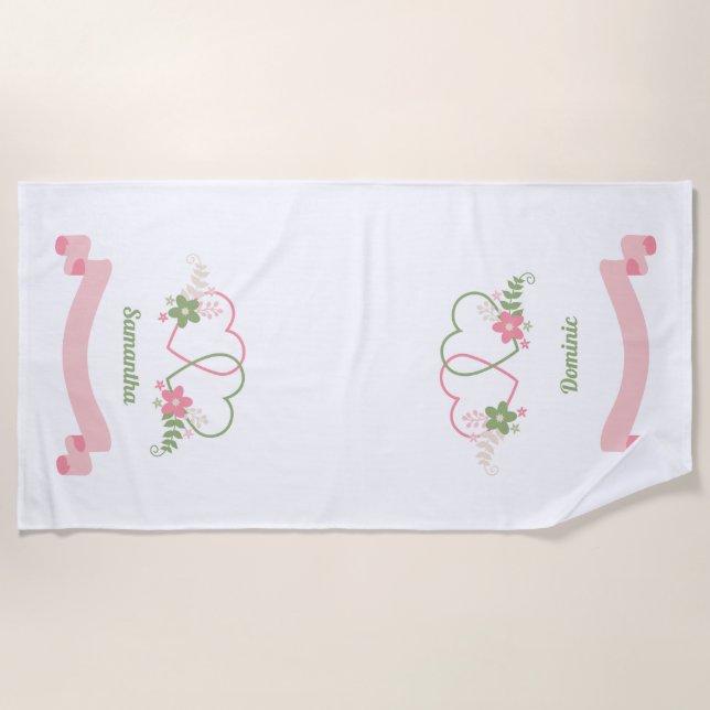 Personalized Names Two Hearts Honeymoon  Beach Towel (Front)