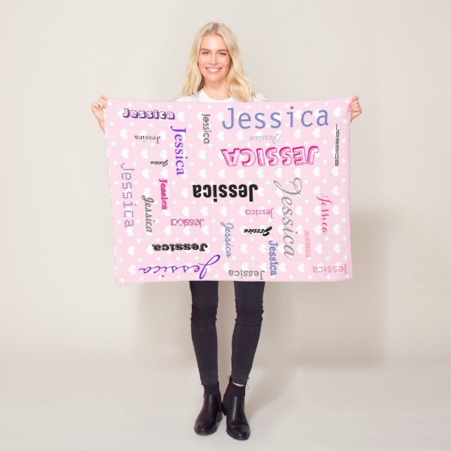 Personalized Names Typography Pink Hearts Fleece Blanket (In Situ)