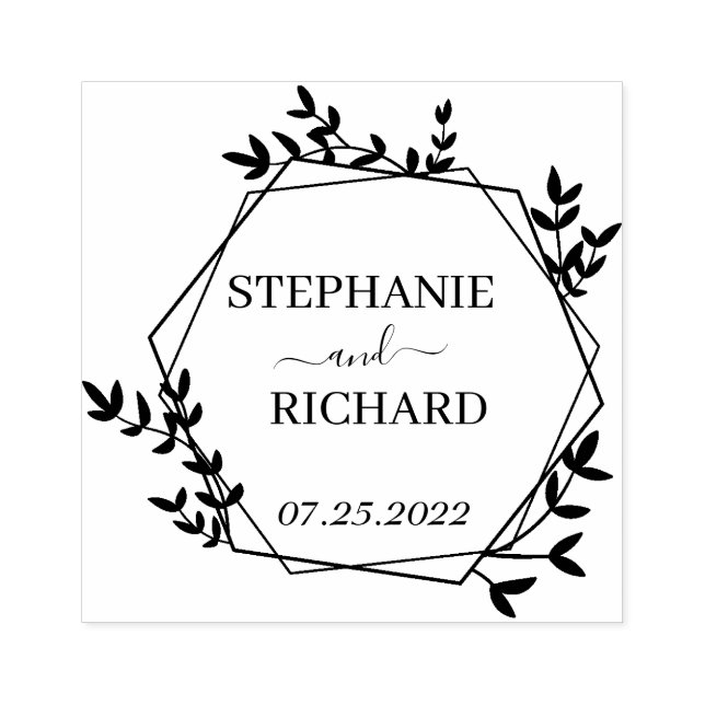 Personalized Names Wedding Floral Wreath Rubber Stamp (Imprint)