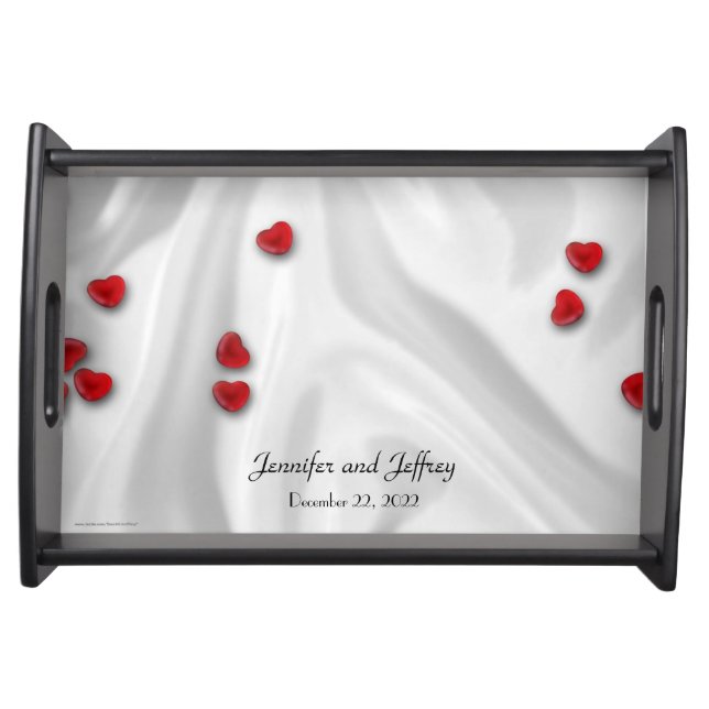 Personalized Names Wedding Silver with Red Hearts Serving Tray (Front)