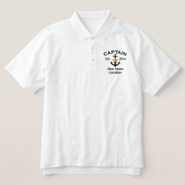 Personalized Names Year Boat Captain Star Anchor Embroidered Polo Shirt (Design Front)