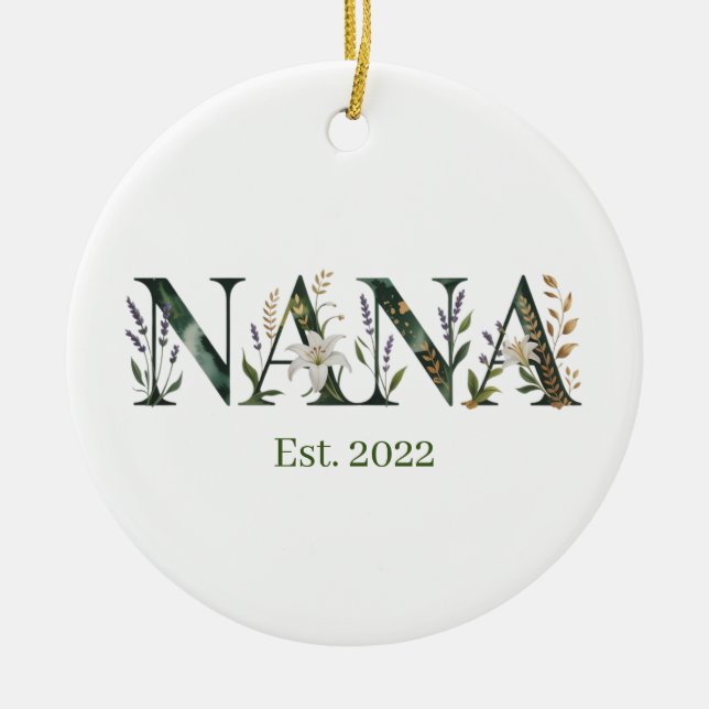 Personalized Nana Est Year Floral Grandmother Gift Ceramic Ornament (Front)
