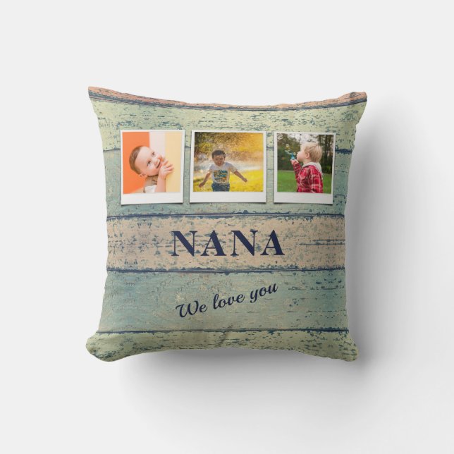 Personalized Nana Grandchildren 3 Photo Collage Throw Pillow (Front)