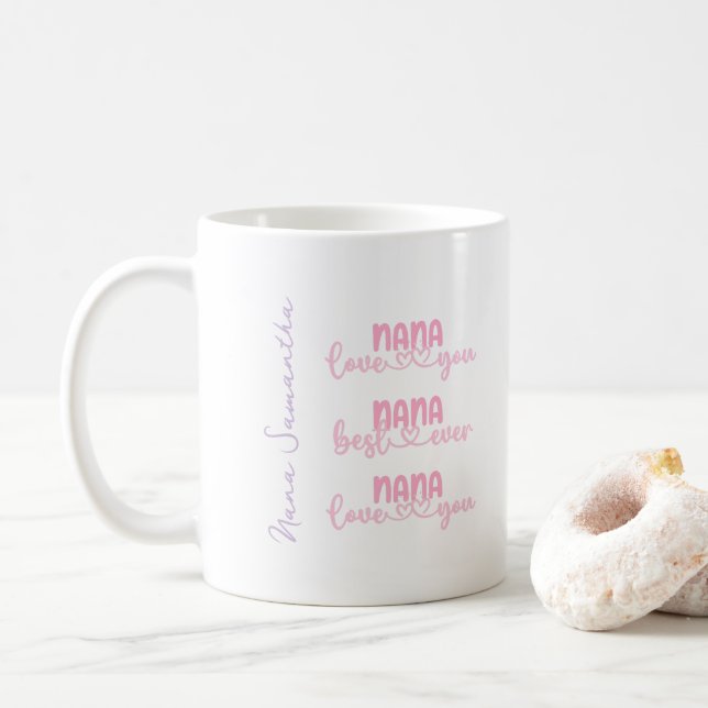 Personalized Nana Pink Typography Script Coffee Mug (With Donut)