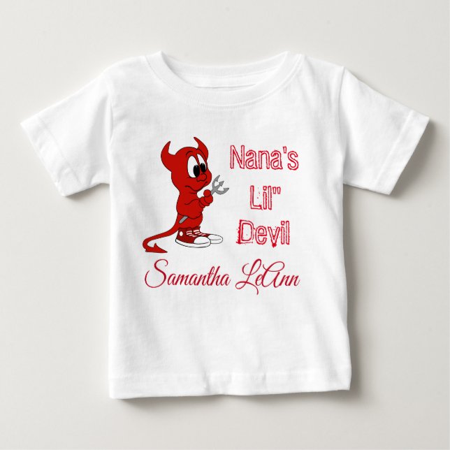 Personalized Nana's Lil Devil Halloween Baby T-Shirt (Front)