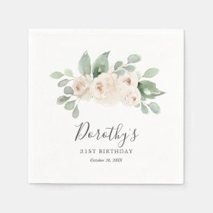Personalized Napkins 21st Birthday White Rose