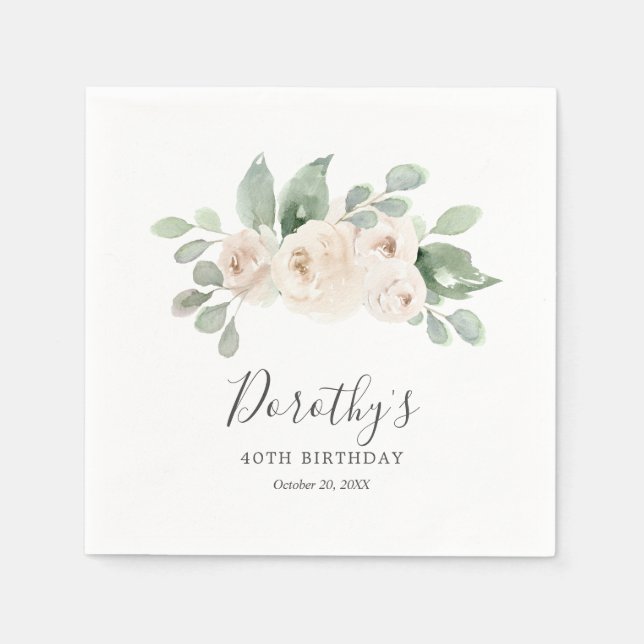 Personalized Napkins 40th Birthday White Rose (Front)