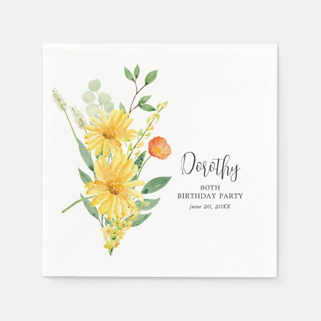 Personalized Napkins 80th Birthday Yellow Floral (Front)