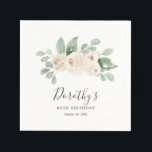 Personalized Napkins 90th Birthday White Rose<br><div class="desc">Personalized napkins make your 90th birthday party table decor special. White roses are nestled in sage green eucalyptus leaves.</div>