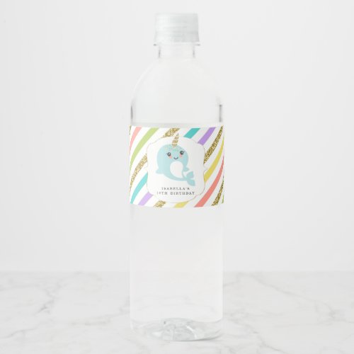 Personalized Narwhal Girl Birthday Party Favor Water Bottle Label