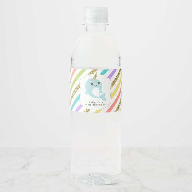 Personalized Narwhal Girl Birthday Party Favor Water Bottle Label (Front)