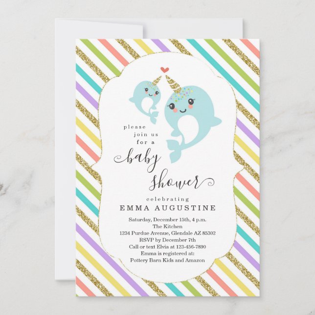 Personalized Narwhal Themed Baby Shower Unisex Invitation (Front)