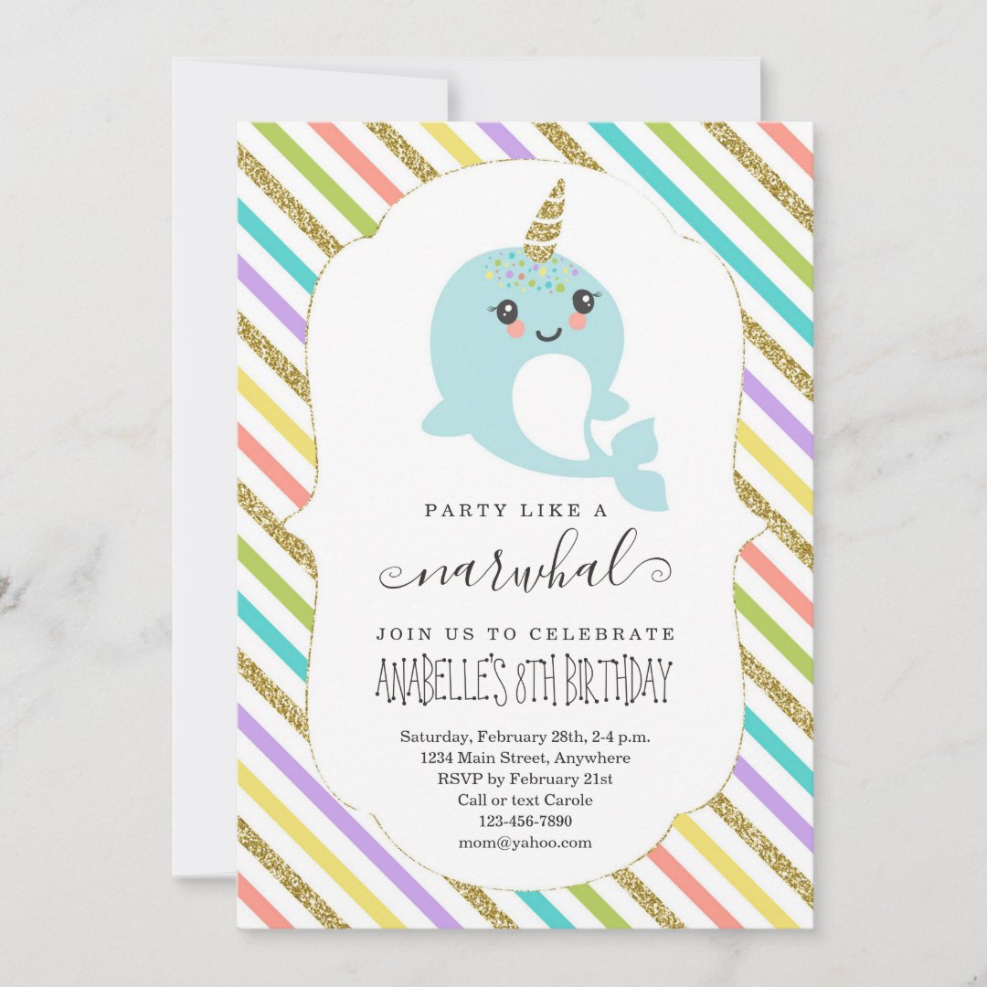 Personalized Narwhal Themed Girls Birthday Party Invitation | Zazzle