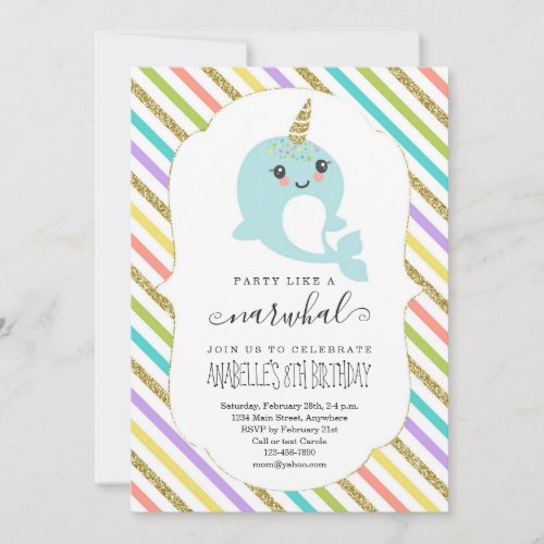 Personalized Narwhal Themed Girls Birthday Party Invitation