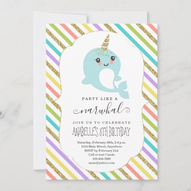 Personalized Narwhal Themed Girls Birthday Party Invitation (Front)